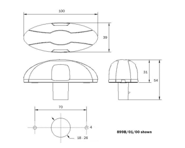 Technische Zeichnung der LED-Markierungsleuchte 899B/01/00 mit Maßangaben: Länge 100 mm, Breite 31 mm, Anschluss über Super Seal Stecker