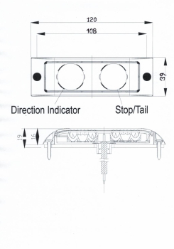 Technisches Diagramm der Truck-Lite LED Zusatzleuchte SS49330 mit Anschluss- und Montagehinweisen für Nebelschluss- und Rückfahrlich